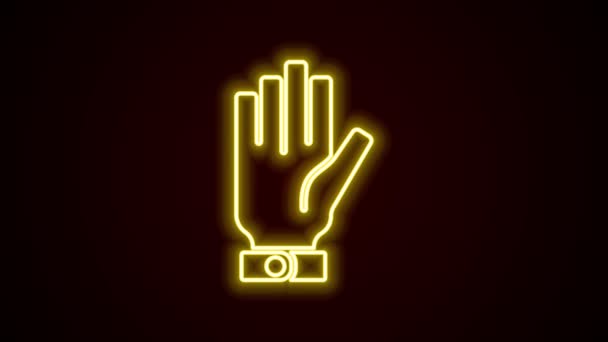 Gloeiende neon lijn Brandweerhandschoenen pictogram geïsoleerd op zwarte achtergrond. Bescherm het handschoenen icoon. 4K Video motion grafische animatie — Stockvideo