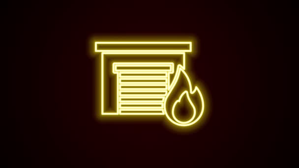 Glödande neon line Brand i brinnande garage ikon isolerad på svart bakgrund. 4K Video motion grafisk animation — Stockvideo