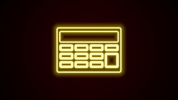 Gloeiende neon lijn Calculator pictogram geïsoleerd op zwarte achtergrond. Boekhoudkundig symbool. Bedrijfsberekeningen wiskunde onderwijs en financiën. 4K Video motion grafische animatie — Stockvideo