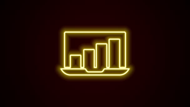 Luminoso ordenador portátil de línea de neón con gráfico icono gráfico aislado sobre fondo negro. Reportar icono de archivo de texto. Signo contable. Auditoría, análisis, planificación. Animación gráfica de vídeo 4K — Vídeo de stock