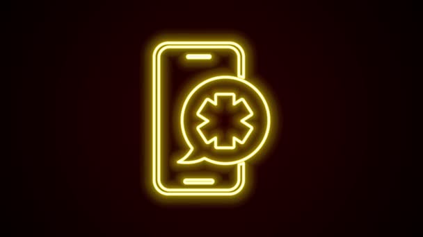 Ligne lumineuse néon Appel téléphonique mobile d'urgence à l'icône de l'hôpital isolé sur fond noir. Animation graphique de mouvement vidéo 4K — Video