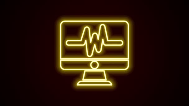 Leuchtender neonliniger Computermonitor mit Kardiogramm-Symbol isoliert auf schwarzem Hintergrund. Überwachungssymbol. EKG-Monitor mit von Hand gezogenem Herzschlag. 4K Video Motion Grafik Animation — Stockvideo