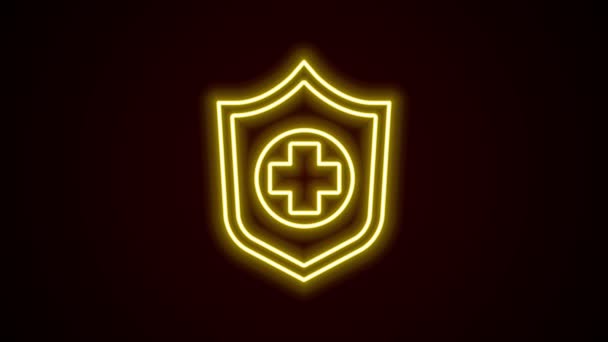 Glowing neon line Life insurance in hand icon isolated on black background. Security, safety, protection, protect concept. 4K Video motion graphic animation — Stock Video