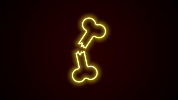 Linea neon incandescente icona osso rotto umano isolato su sfondo nero. Animazione grafica 4K Video motion — Video Stock