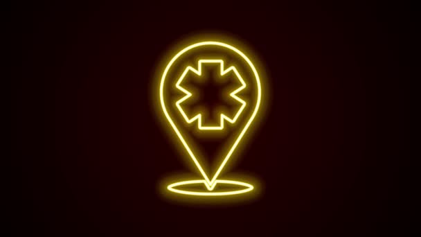 Glowing neon line Medical map pointer with cross hospital icon isolated on black background. 4K Video motion graphic animation — Stock Video