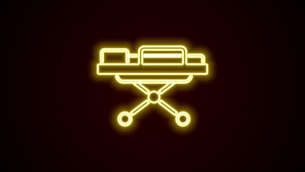 Gloeiende neon lijn Stretcher pictogram geïsoleerd op zwarte achtergrond. Ziekenhuisbrancard voor patiënten. 4K Video motion grafische animatie — Stockvideo