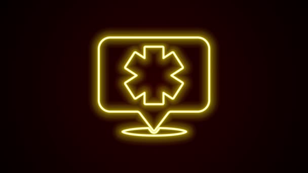 Línea de neón brillante Símbolo médico del icono de Emergencia Estrella de la Vida aislado sobre fondo negro. Animación gráfica de vídeo 4K — Vídeo de stock
