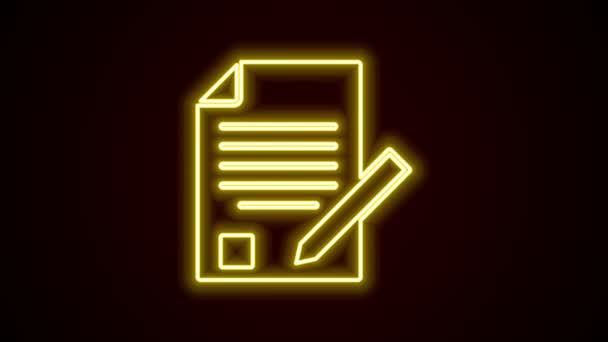 Linea neon luminosa Foglio d'esame e matita con icona gomma isolata su sfondo nero. Test di carta, esame, o il concetto di indagine. Prova scolastica o esame. Animazione grafica 4K Video motion — Video Stock