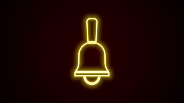 Brillante línea de neón Timbre campana icono aislado sobre fondo negro. Símbolo de alarma, campana de servicio, señal de timbre, símbolo de notificación. Animación gráfica de vídeo 4K — Vídeo de stock