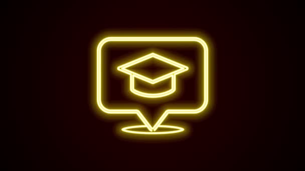 Brillante línea de neón Tapa de graduación en el icono de la burbuja del habla aislado sobre fondo negro. Sombrero de graduación con icono de borla. Animación gráfica de vídeo 4K — Vídeo de stock