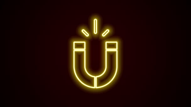 Luminosa icona al neon linea Magnete isolato su sfondo nero. Magnete a ferro di cavallo, magnetismo, magnetismo, attrazione. Animazione grafica 4K Video motion — Video Stock