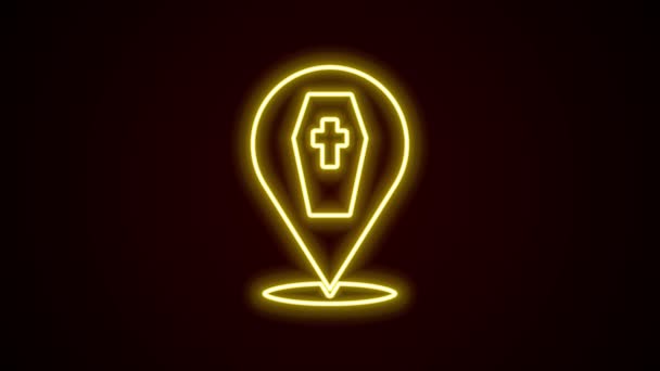 发光的霓虹灯线棺材与基督教交叉图标隔离在黑色背景。万圣节快乐派对4K视频运动图形动画 — 图库视频影像