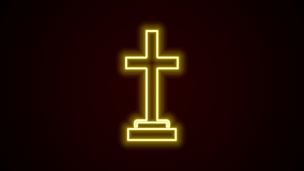 Светящаяся неоновая линия Могила с крестом на черном фоне. Видеографическая анимация 4K — стоковое видео