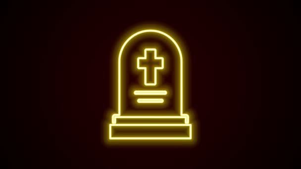 Glowing neon line Grave with tombstone icon isolated on black background. 4K Video motion graphic animation — Stock Video