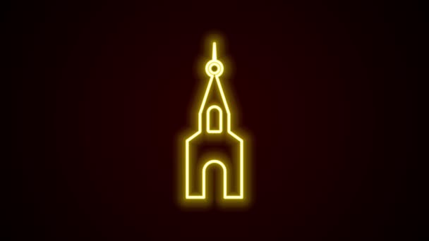 发光的霓虹灯线教堂建筑图标孤立在黑色背景。基督教会教会的宗教。4K视频运动图形动画 — 图库视频影像