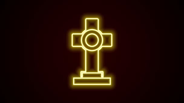 Glowing neon line Grave with cross icon isolated on black background. 4K Video motion graphic animation — Stock Video