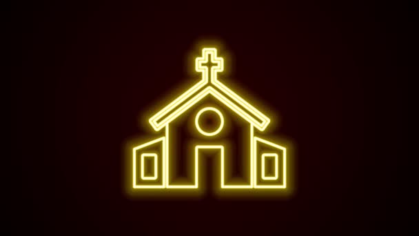 发光的霓虹灯线教堂建筑图标孤立在黑色背景。基督教会教会的宗教。4K视频运动图形动画 — 图库视频影像