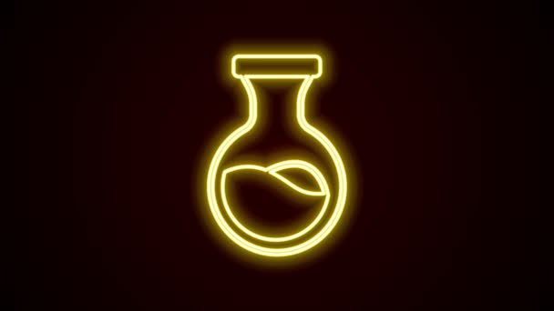 Línea de neón brillante Tubo de ensayo y matraz icono de prueba de laboratorio químico aislado sobre fondo negro. Signo de cristalería del laboratorio. Animación gráfica de vídeo 4K — Vídeo de stock