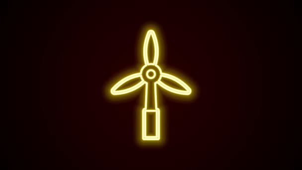 Светящаяся неоновая линия Значок ветряной турбины изолирован на черном фоне. Знак ветрогенератора. Ветряная мельница для производства электроэнергии. Видеографическая анимация 4K — стоковое видео