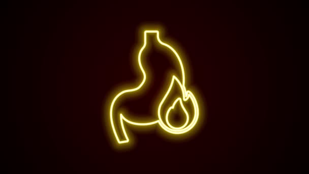 Glödande neon line mage halsbränna ikon isolerad på svart bakgrund. Magsmärtor. Gastrit och sura uppstötningar, matsmältningsbesvär och magsmärtor. 4K Video motion grafisk animation — Stockvideo