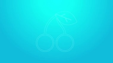 Mavi arkaplanda izole edilmiş pembe çizgi kiraz ikonu. Yaprak sembollü meyve. 4K Video hareketli grafik canlandırması