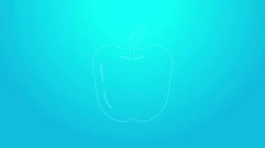 Pembe çizgi Apple simgesi mavi arkaplanda izole edildi. Yaprak sembollü meyve. 4K Video hareketli grafik canlandırması
