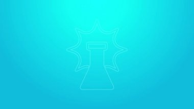 Pembe çizgili kimyasal deney, mavi arka planda izole edilmiş şişe ikonundaki patlama. Test tüpünde kimyasal patlama. 4K Video hareketli grafik canlandırması