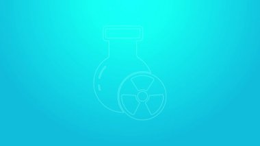 Mavi arka planda zehirli sıvı ikonu olan pembe çizgili laboratuvar kimyasal deney şişesi. Biyolojik tehlike sembolü. Radyasyon ikonu olan tehlikeli bir sembol. 4K Video hareketli grafik canlandırması