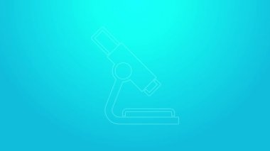 Pembe çizgi Microscope simgesi mavi arkaplanda izole edildi. Kimya, ilaç aleti, mikrobiyoloji büyütme aracı. 4K Video hareketli grafik canlandırması