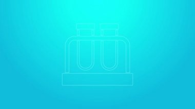 Pembe çizgi test tüpü ve mavi arka planda izole edilmiş kimyasal test ikonu. Laboratuvar cam levhası. 4K Video hareketli grafik canlandırması