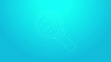 Mavi arka planda izole edilmiş büyüteç simgesi altındaki pembe çizgi mikroorganizmaları. Bakteri ve mikroplar, hücre kanseri, mikrop, virüs, mantar. 4K Video hareketli grafik canlandırması