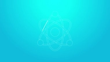 Pembe çizgi Atom simgesi mavi arkaplanda izole edildi. Bilimin, eğitimin, nükleer fiziğin, bilimsel araştırmaların sembolü. 4K Video hareketli grafik canlandırması