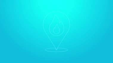 Mavi zemin üzerinde ateş alev ikonu olan pembe çizgi haritası. Yakında yangın var. 4K Video hareketli grafik canlandırması