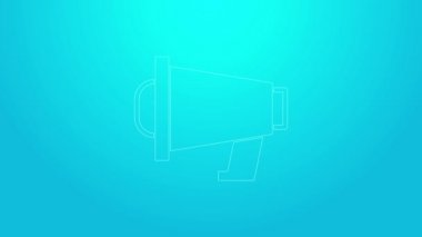 Mavi arkaplanda izole edilmiş pembe çizgi megafon simgesi. Sözcü işareti. 4K Video hareketli grafik canlandırması