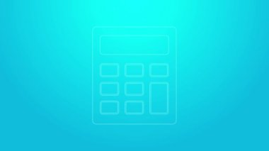 Pembe çizgi hesap makinesi simgesi mavi arkaplanda izole edildi. Muhasebe sembolü. İş hesaplamaları matematik eğitimi ve finans. 4K Video hareketli grafik canlandırması