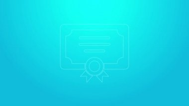 Pembe çizgi sertifika şablon simgesi mavi arkaplanda izole edildi. Başarı, ödül, diploma, burs, diploma kavramları. 4K Video hareketli grafik canlandırması