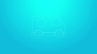 Pembe hat ambulans ve acil durum arabası ikonu mavi arka planda izole edildi. Ambulans aracı tıbbi tahliye. 4K Video hareketli grafik canlandırması