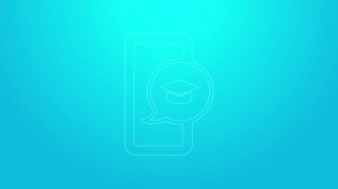 Ekran akıllı telefon simgesindeki pembe çizgi mezuniyet başlığı mavi arkaplanda izole edilmiş. Çevrimiçi öğrenme ya da e-öğrenme kavramı. 4K Video hareketli grafik canlandırması