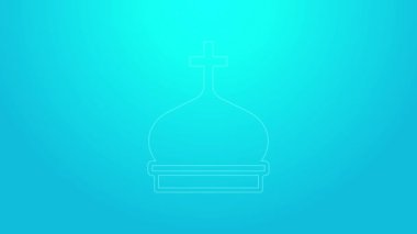 Pembe çizgi Hıristiyan kilise kulesi ikonu mavi arka planda izole edilmiş. Kilisenin dini. 4K Video hareketli grafik canlandırması