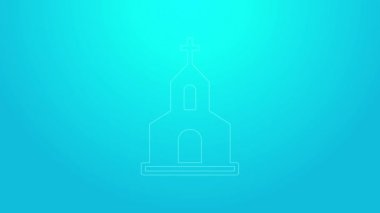 Pembe çizgi kilise binası ikonu mavi arka planda izole edilmiş. Hıristiyan Kilisesi. Kilisenin dini. 4K Video hareketli grafik canlandırması