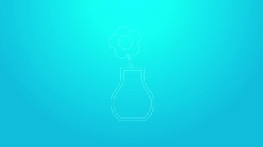 Mavi arkaplanda, vazo simgesinde pembe çizgi çiçek var. 4K Video hareketli grafik canlandırması