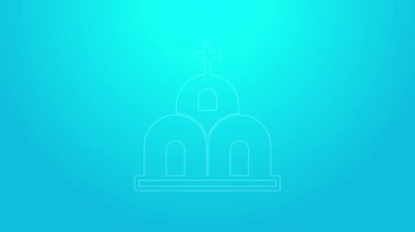 Pembe çizgi kilise binası ikonu mavi arka planda izole edilmiş. Hıristiyan Kilisesi. Kilisenin dini. 4K Video hareketli grafik canlandırması
