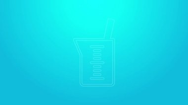 Mavi arka planda pembe çizgi labaratuvar cam süslemesi ya da beher ikonu izole edilmiş. 4K Video hareketli grafik canlandırması