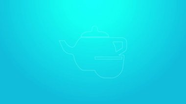 Pembe çizgi geleneksel Çin çay töreni ikonu mavi arka planda izole edilmiş. Fincanlı çaydanlık. 4K Video hareketli grafik canlandırması