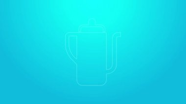 Pembe çizgi geleneksel Çin çay töreni ikonu mavi arka planda izole edilmiş. Fincanlı çaydanlık. 4K Video hareketli grafik canlandırması