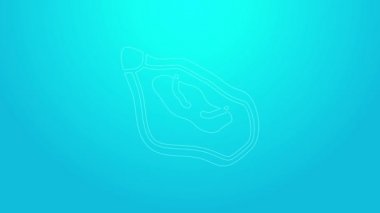 Mavi arka planda pembe çizgi midye simgesi izole edildi. Taze deniz ürünleri. 4K Video hareketli grafik canlandırması