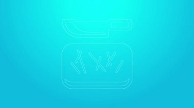 Pembe çizgi kesme tahtası ve bıçak ikonu mavi arkaplanda izole edilmiş. Kesme tahtası sembolü. Çatal bıçak sembolü. 4K Video hareketli grafik canlandırması