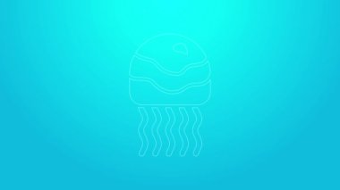 Mavi arka planda izole edilmiş pembe çizgi denizanası ikonu. 4K Video hareketli grafik canlandırması
