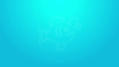 Mavi arka planda izole edilmiş pembe çizgi tropikal balık ikonu. Egzotik balıklar. 4K Video hareketli grafik canlandırması