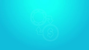 Pembe çizgili kumarhane çipleri mavi arka planda izole edilmiş dolar desteleri üzerinde değiş tokuş yapıyor. 4K Video hareketli grafik canlandırması